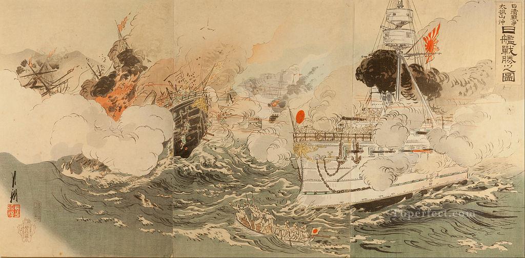 日中戦争 拓山沖での日本海軍の勝利 1895 尾形月光浮世絵油絵